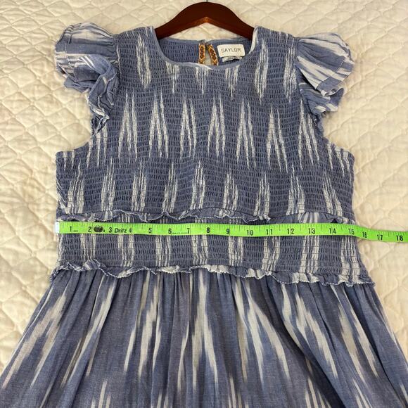Saylor Large Zinnia Smocked Mini Dress Ikat Indigo Blue Small Flutter Sleeve - Picture 7 of 9